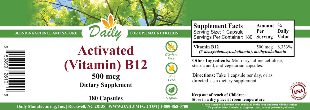 Close-up of Daily Manufacturing Activated B12 capsules showing 500 mcg dosage