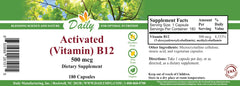 Close-up of Daily Manufacturing Activated B12 capsules showing 500 mcg dosage