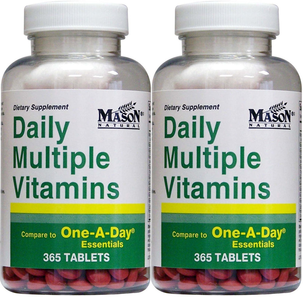 Two bottles of daily multivitamin and multimineral supplement showing a total of 730 tablets (365 per bottle).