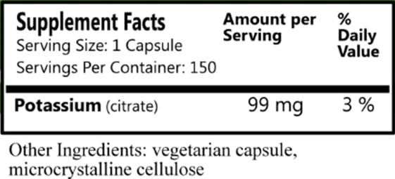 Close-up of Potassium Citrate capsules showing 99 mg elemental potassium