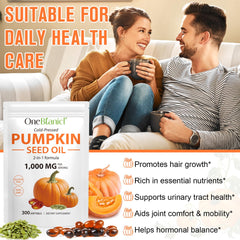 Bottle of pumpkin seed oil capsules with daily-use reminder