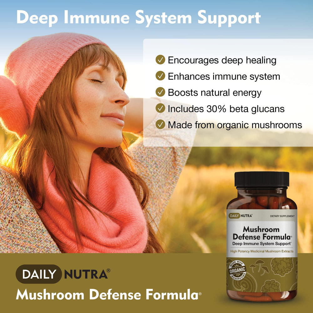 Packaging shot of DailyNutra Mushroom Defense Formula with label