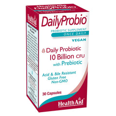 HealthAid DailyProbio bottle displaying 10 Billion CFU vegan probiotic with 10 strains