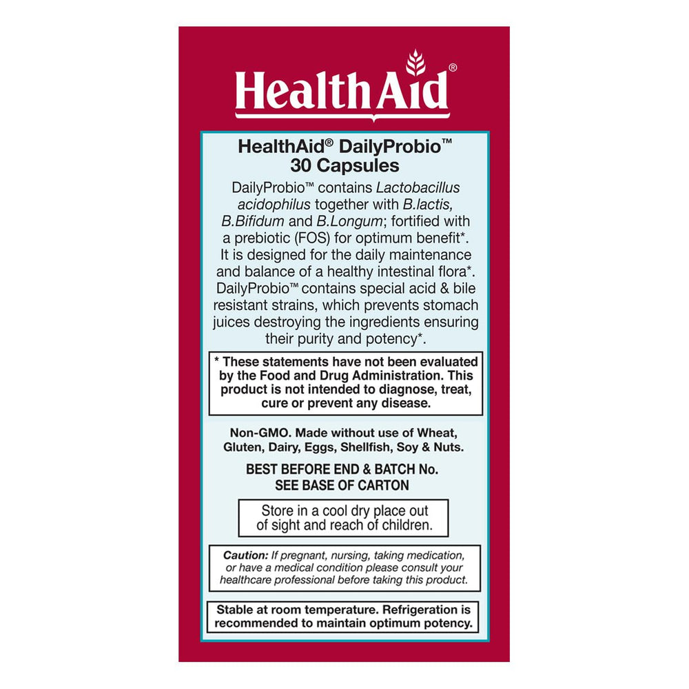 HealthAid DailyProbio packaging highlighting dairy-free gluten-free non-GMO formulation