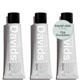 Front view of Davids Charcoal Travel Toothpaste 3-pack