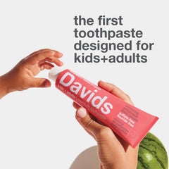 Front view of Davids fluoride-free toothpaste tube with strawberry watermelon flavor