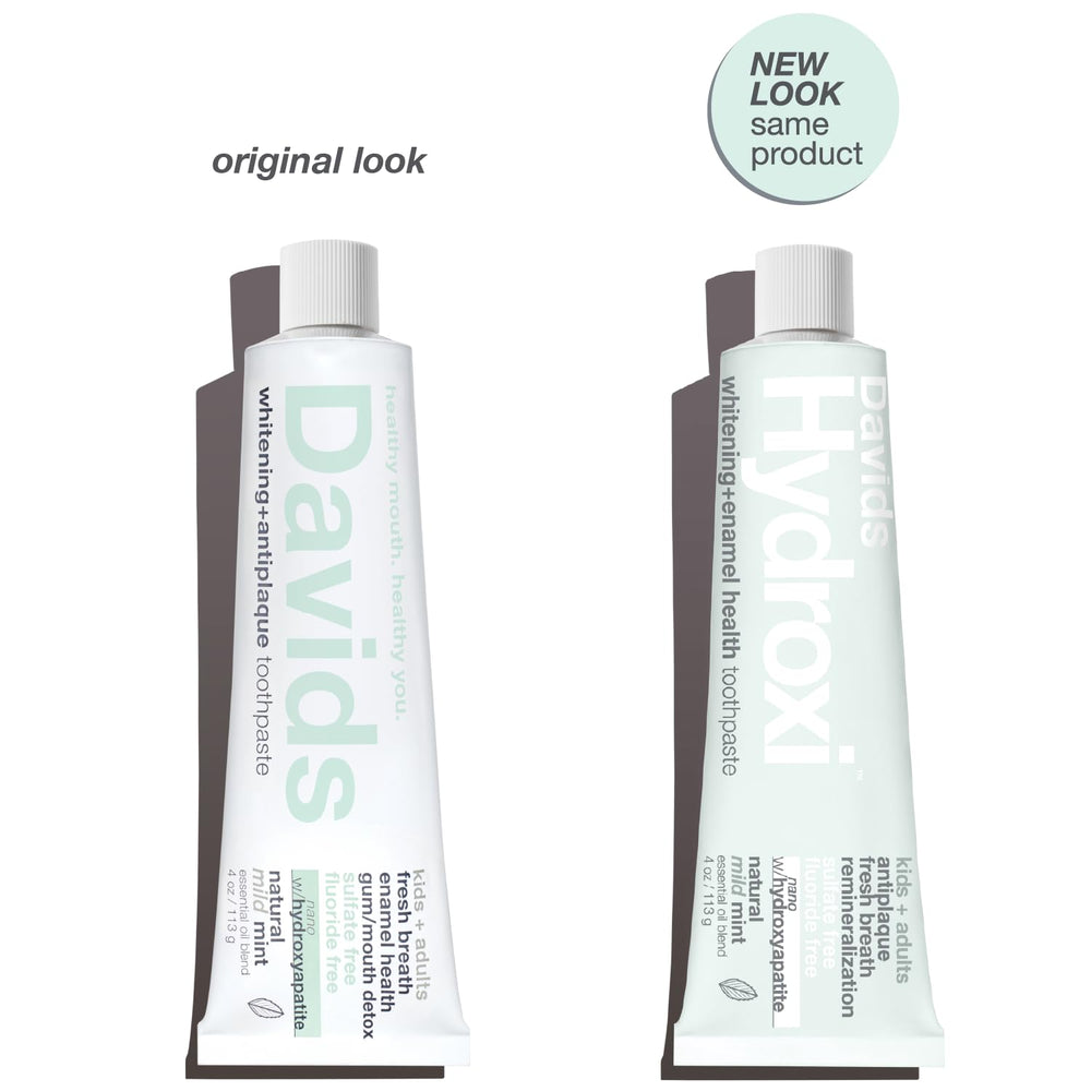 Close-up of toothpaste label highlighting fluoride-free and SLS-free