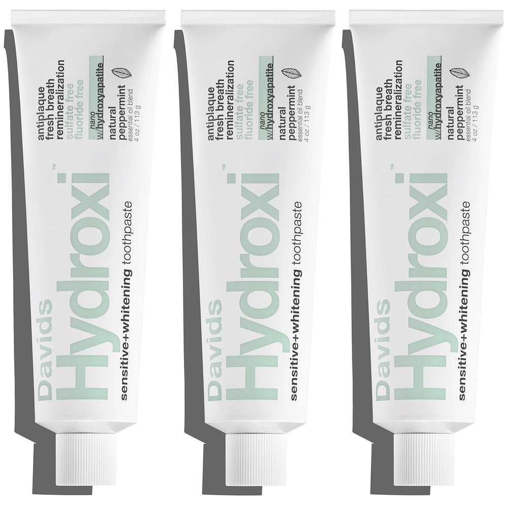 Davids Hydroxi Nano Hydroxyapatite toothpaste tubes in a 3-pack