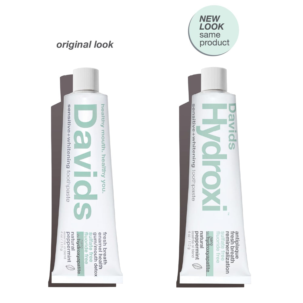 Close-up of Davids Hydroxi fluoride-free toothpaste bottle