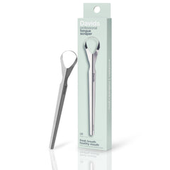 Close-up of Davids Tongue Scraper in medical-grade stainless steel with a smooth rounded edge