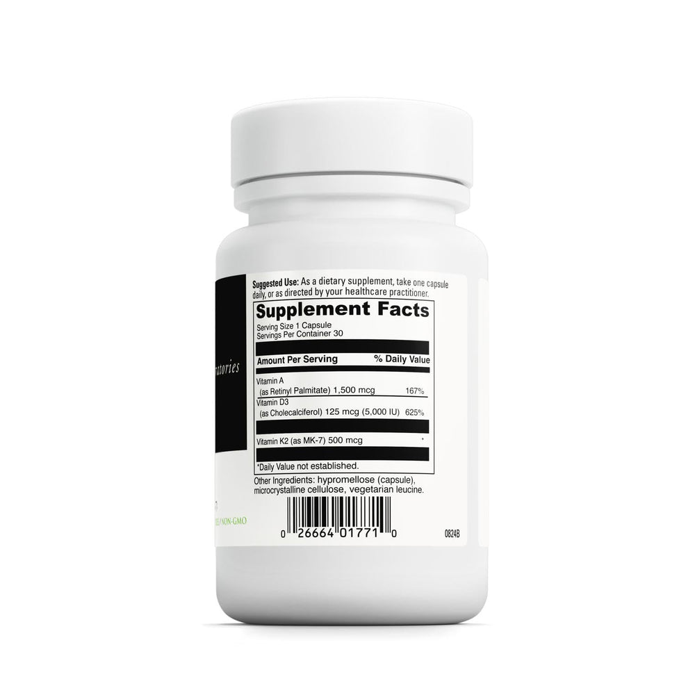 Label highlighting Vitamin A, D3 and K2 (MK-7) in ADK supplement