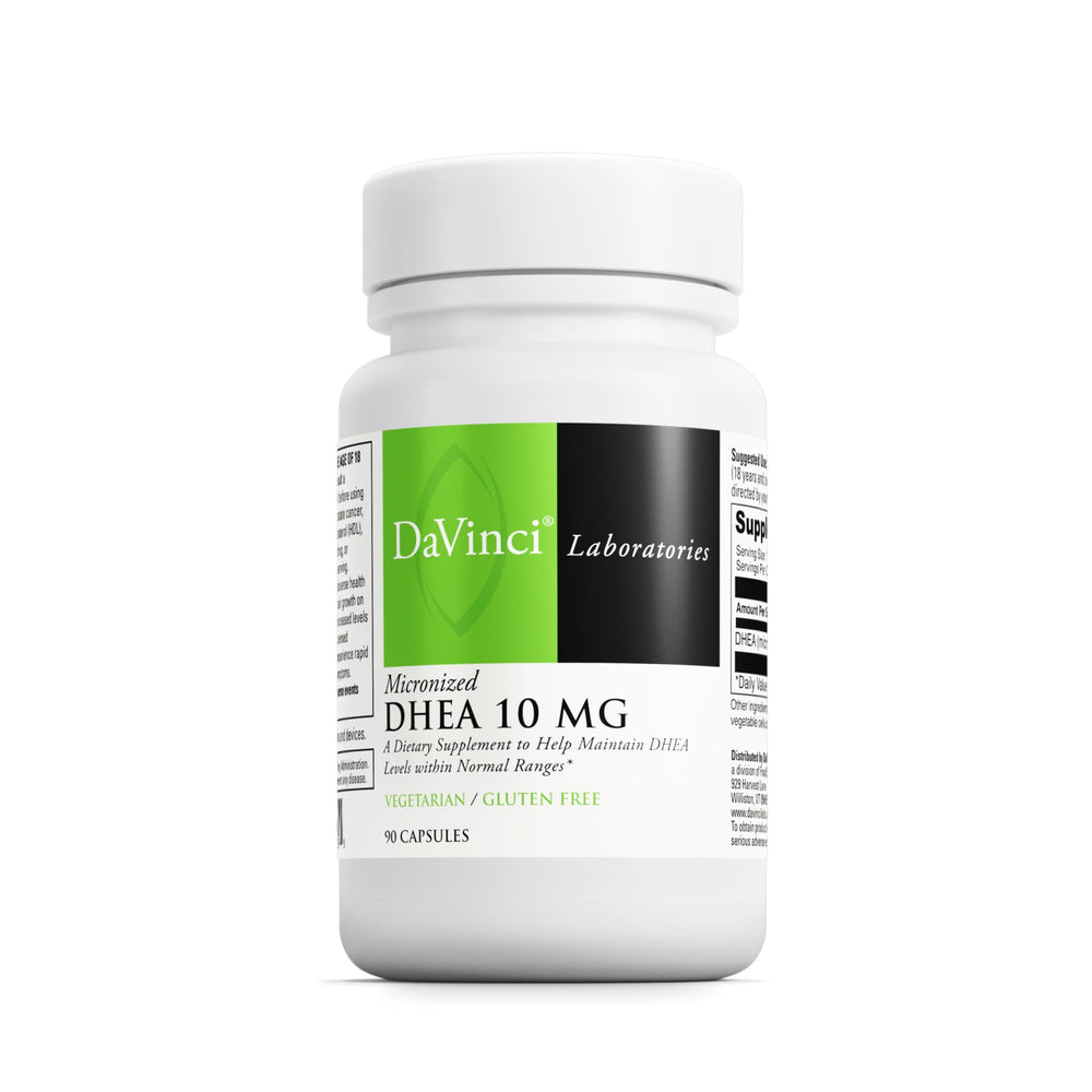 Front view of DaVinci Labs DHEA 10mg bottle with 90 capsules