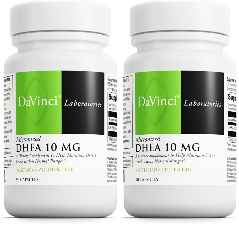 Hero image showing DAVINCI Labs Micronized DHEA 10mg two-pack with 90 capsules per pack