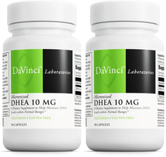 Hero image showing DAVINCI Labs Micronized DHEA 10mg two-pack with 90 capsules per pack