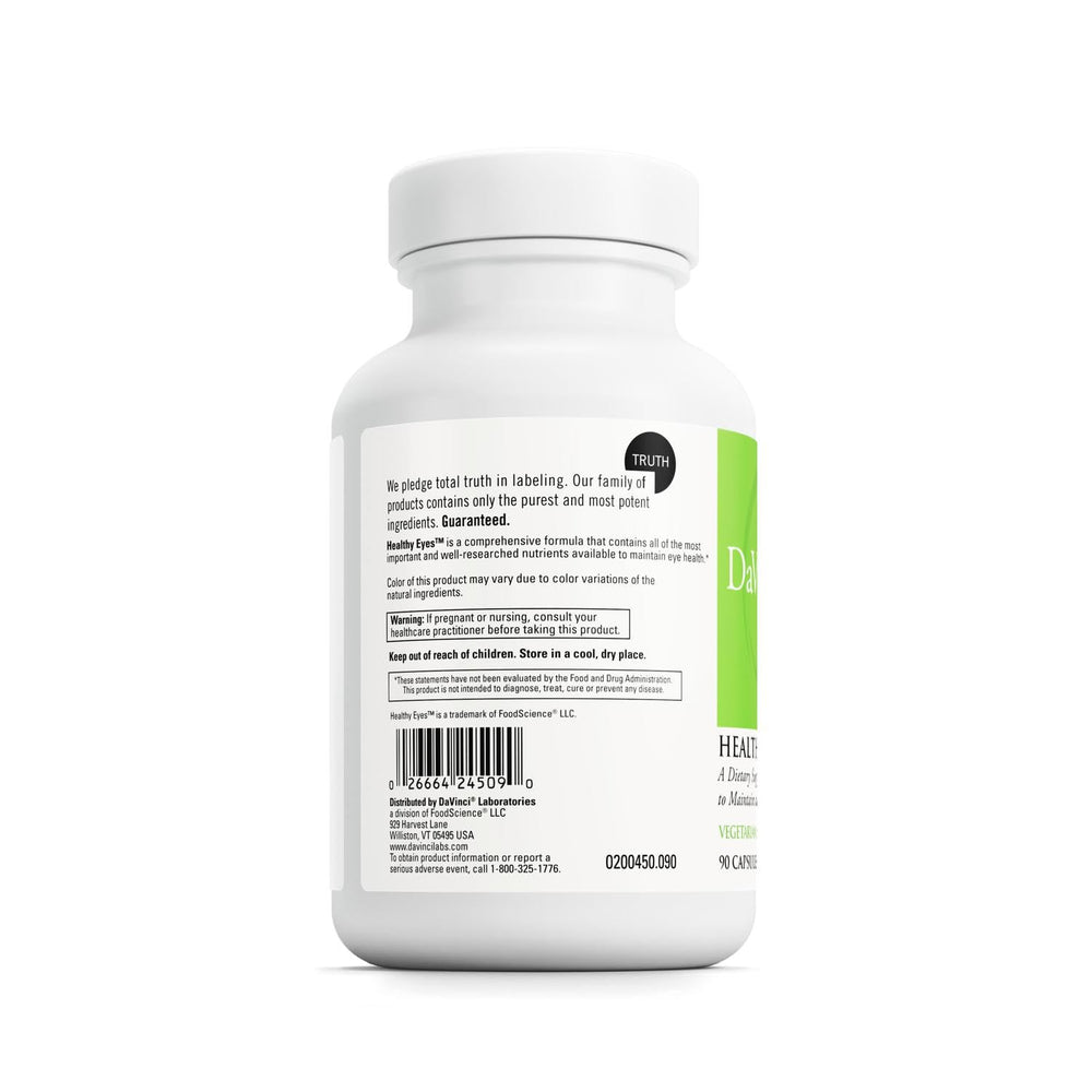 Supplement facts panel for Healthy Eyes showing 16 nutrients