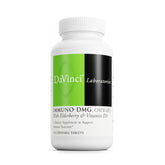 Front view of DAVINCI Labs Immuni-DMG chewable bottle and packaging on white background
