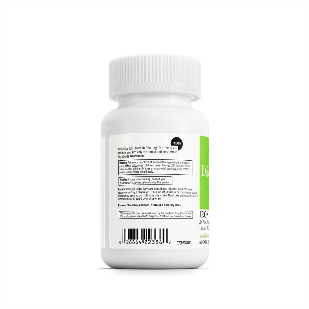 Supplement label highlighting vegan iron and 60 capsules