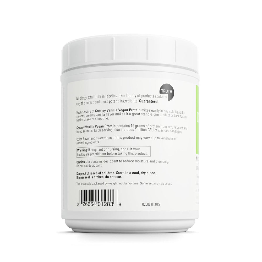 Ingredients: vegan protein sources including pea protein, hemp protein, and flax seed