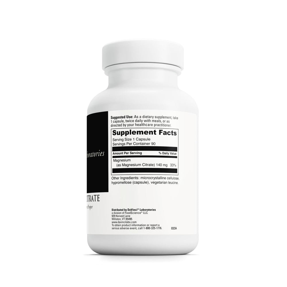 DaVinci Magnesium Citrate label highlights citric-acid chelated formula for better mineral absorption.