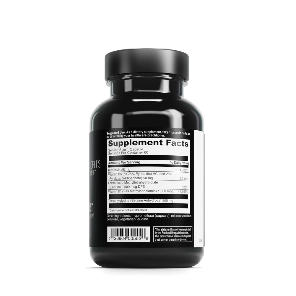 Close-up of Methyl Benefits label showing folate and B12