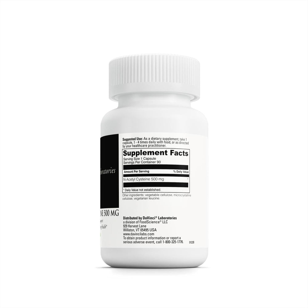 Back label showing supplement facts for NAC 500 mg