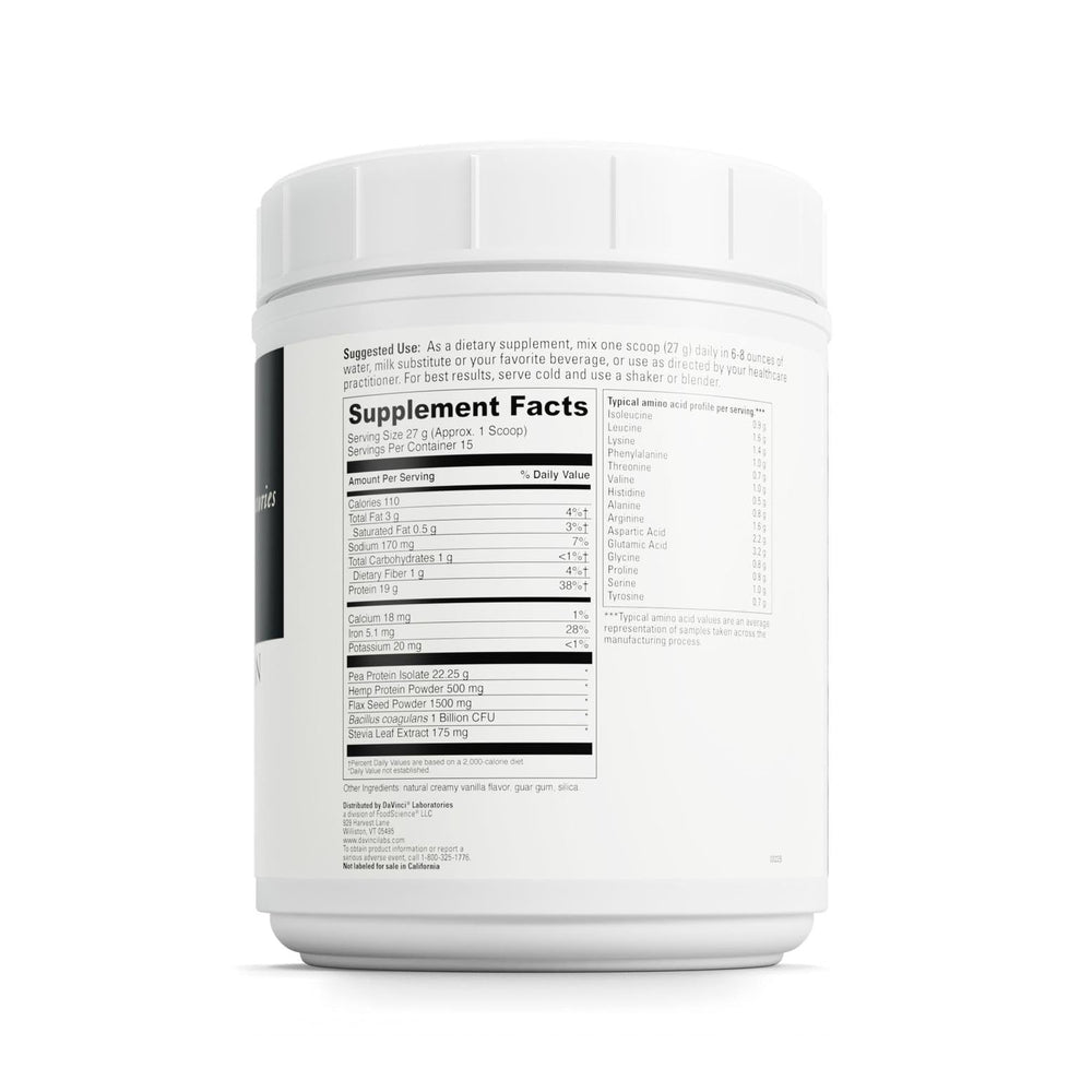 DaVinci Vegan Protein pea/hemp/ flax bowl highlighting plant protein sources.