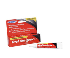 Packaging image: DDI Iodent Oral Analgesic Gel, max strength, 0.42 oz, 24-count