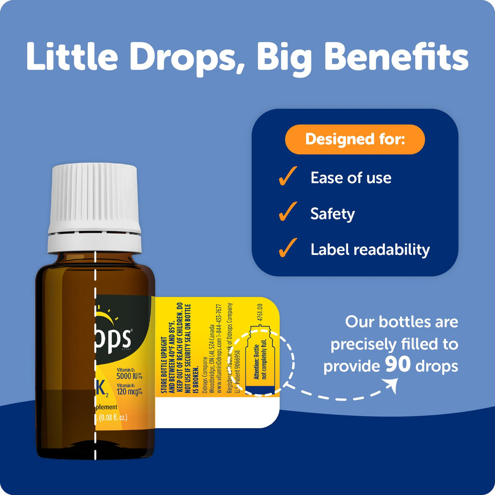 Close-up of the dropper releasing liquid vitamin D3 + K2