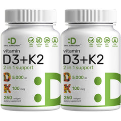 Deal Supplement 2-Pack Vitamin D3 5000 IU + K2 MK7 softgels bottle