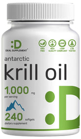 Bottle of DEAL SUPPLEMENT Antarctic Krill Oil with 240 softgels