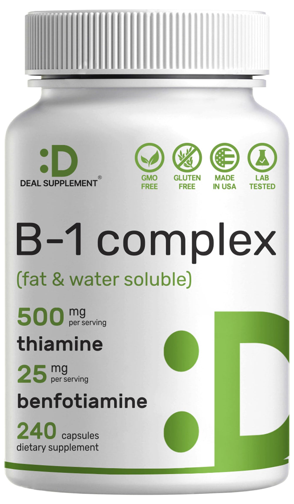 Front view of DEAL SUPPLEMENT Vitamin B1 500mg with Benfotiamine bottle and capsules