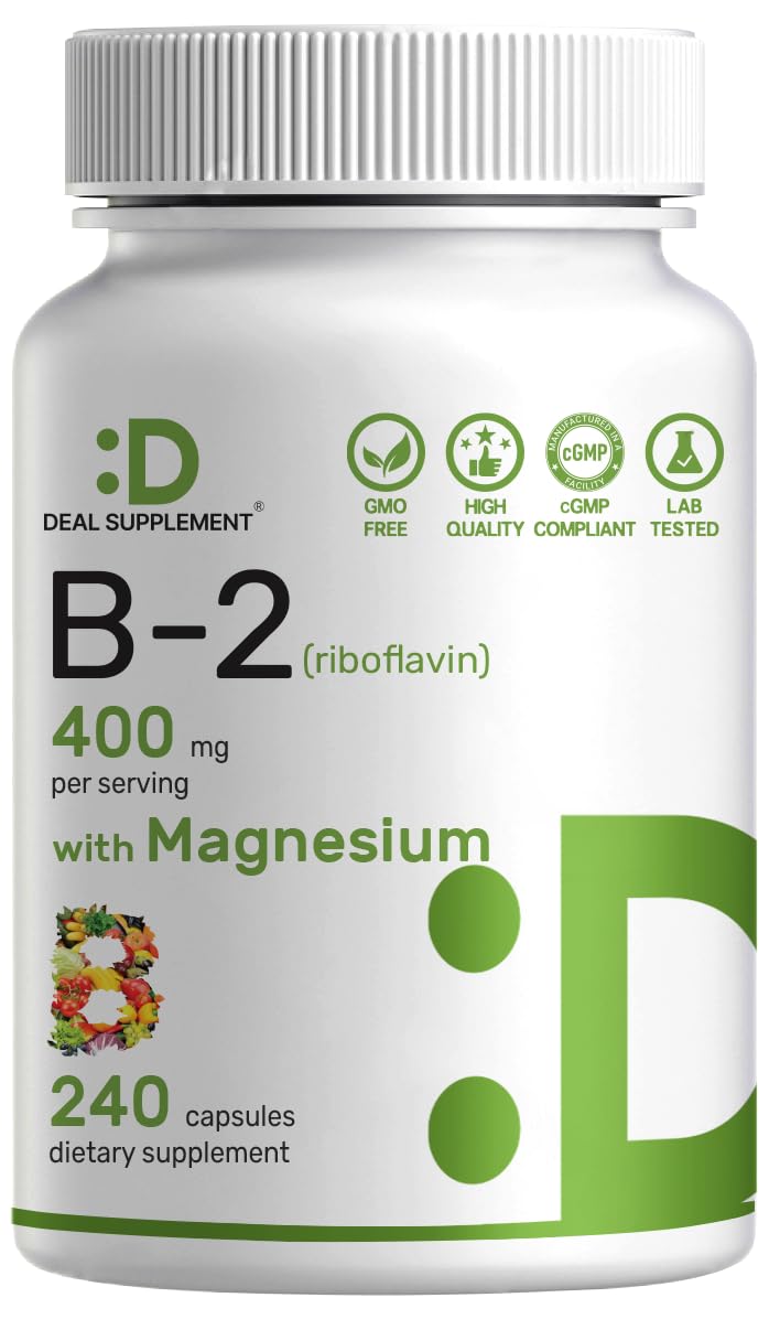 Bottle of DEAL SUPPLEMENT Vitamin B2 400mg with Magnesium Glycinate 240 capsules - front view