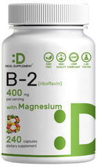 Bottle of DEAL SUPPLEMENT Vitamin B2 400mg with Magnesium Glycinate 240 capsules - front view
