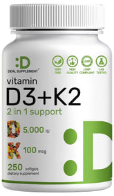 Bottle of DEAL SUPPLEMENT Vitamin D3 5000 IU + K2 MK7 Softgels, 250-count