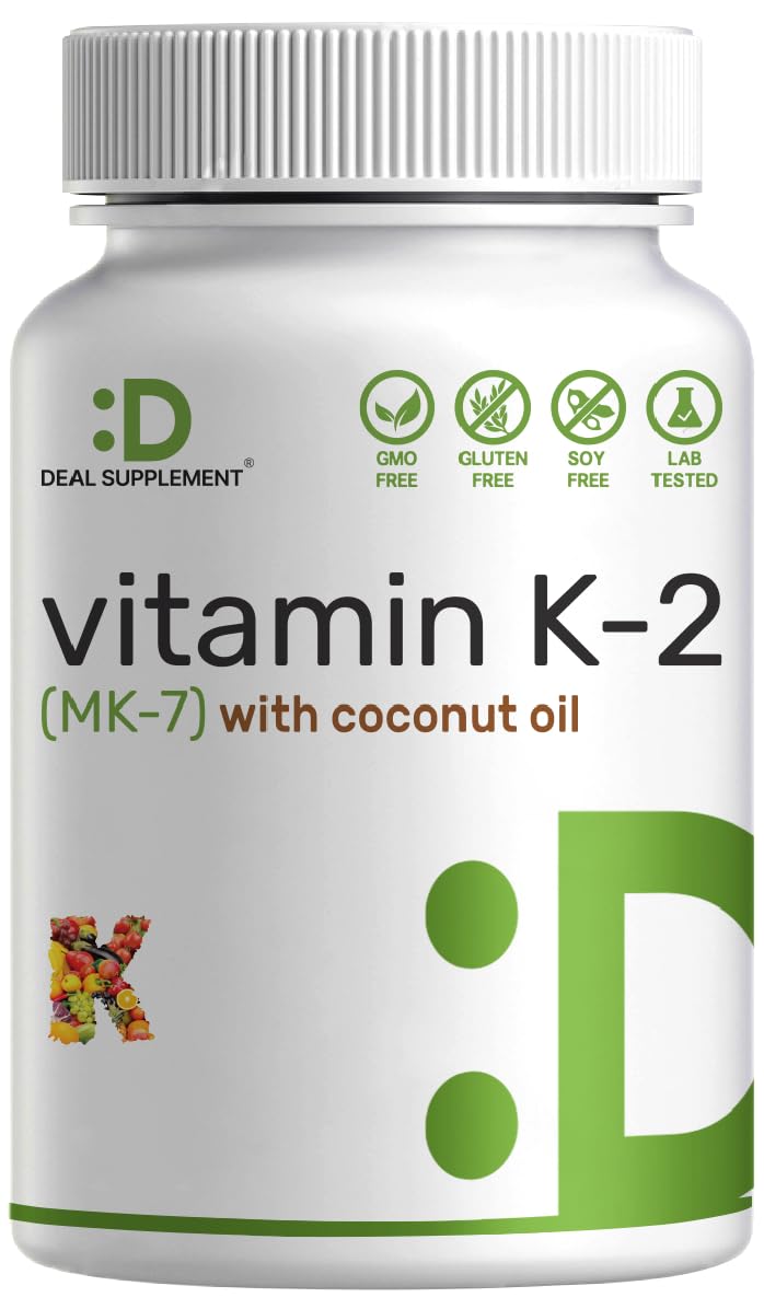 Bottle of DEAL SUPPLEMENT Vitamin K2 MK-7 200mcg softgels with coconut oil base