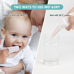 Baby oral care close up showing tongue cleaner and wipes