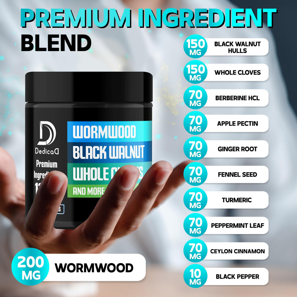 Graphic showing the 11-ingredient herbal blend in DedicaD 11in1 Wormwood Capsules