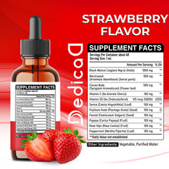Close-up of DEDICAD 11in1 liquid drops bottle showing strawberry flavor