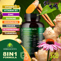 Defence360 ingredients: Vitamin C, Vitamin D3, zinc, elderberry