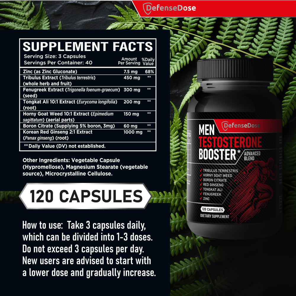 Defense Dose ingredients bottle scatter highlights Tribulus, Tongkat Ali, and Red Ginseng endurance.