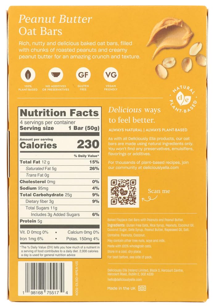 Close-up of Deliciously Ella Peanut Butter Oat Bar highlighting chewy texture and natural ingredients.