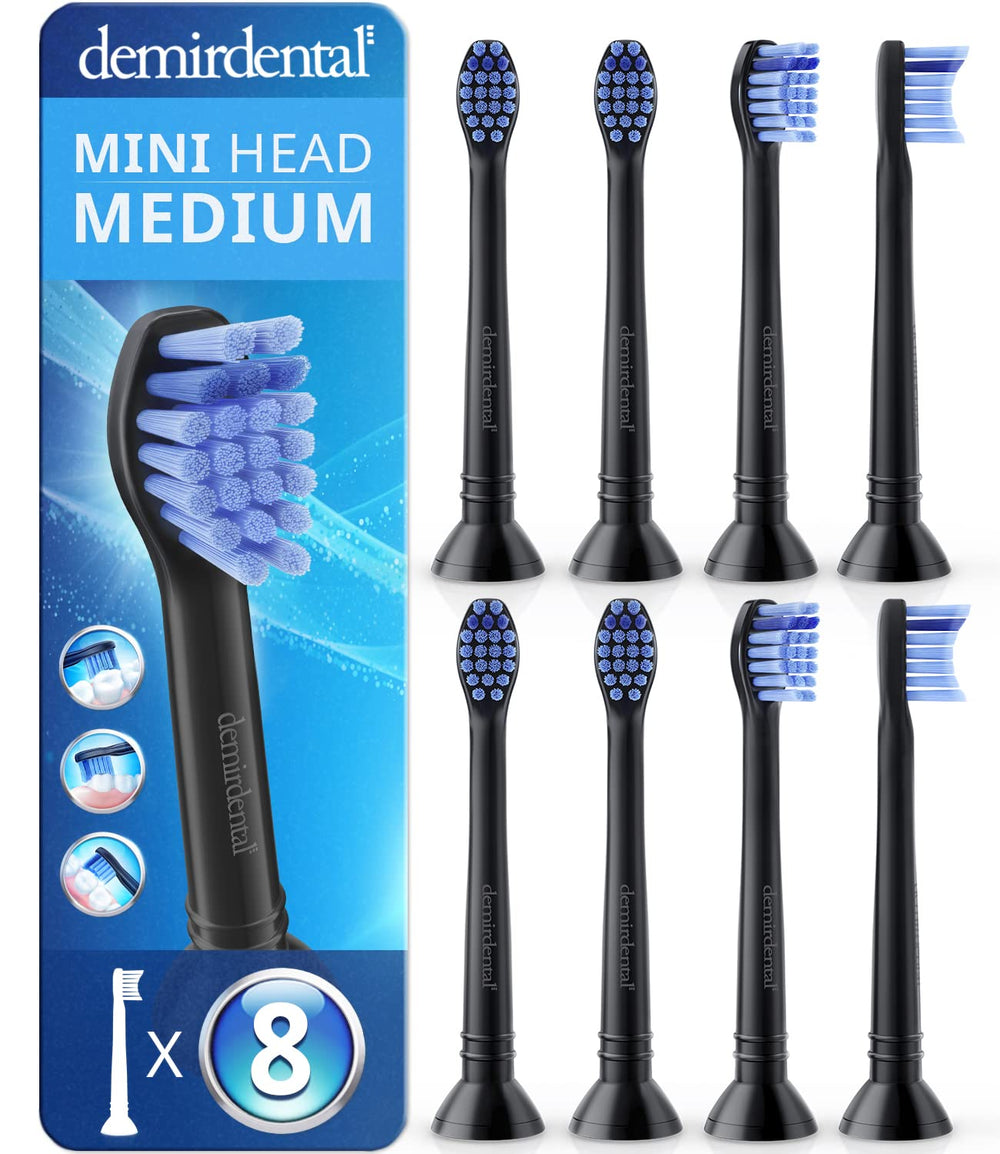 Demirdental mini medium replacement toothbrush heads for Philips Sonicare – 8 pack, black