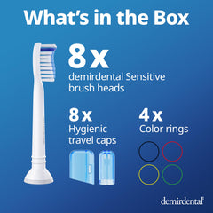 Eight Demirdental sensitive brush heads arranged for packaging