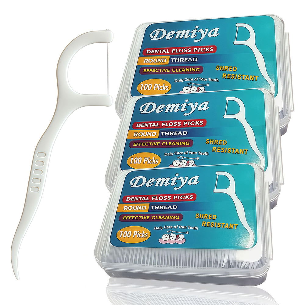 Demyia Travel Floss Picks 300-count package with three portable cases