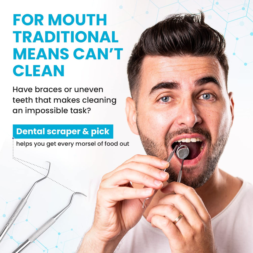 Complete teeth cleaning kit components: mirror, scaler, scraper, pick