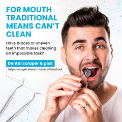 Complete teeth cleaning kit components: mirror, scaler, scraper, pick