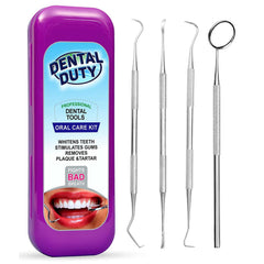 Purple Dental Duty teeth cleaning kit with mirror, scaler, scraper and pick