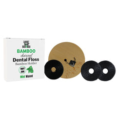 Refillable bamboo dental floss holder with 2-pack refill