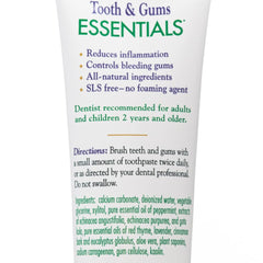 Back label detailing ingredients on Essentials Toothpaste 4 oz box