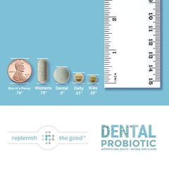 Dental Oral Probiotic bottle with tablets scattered on a clean surface